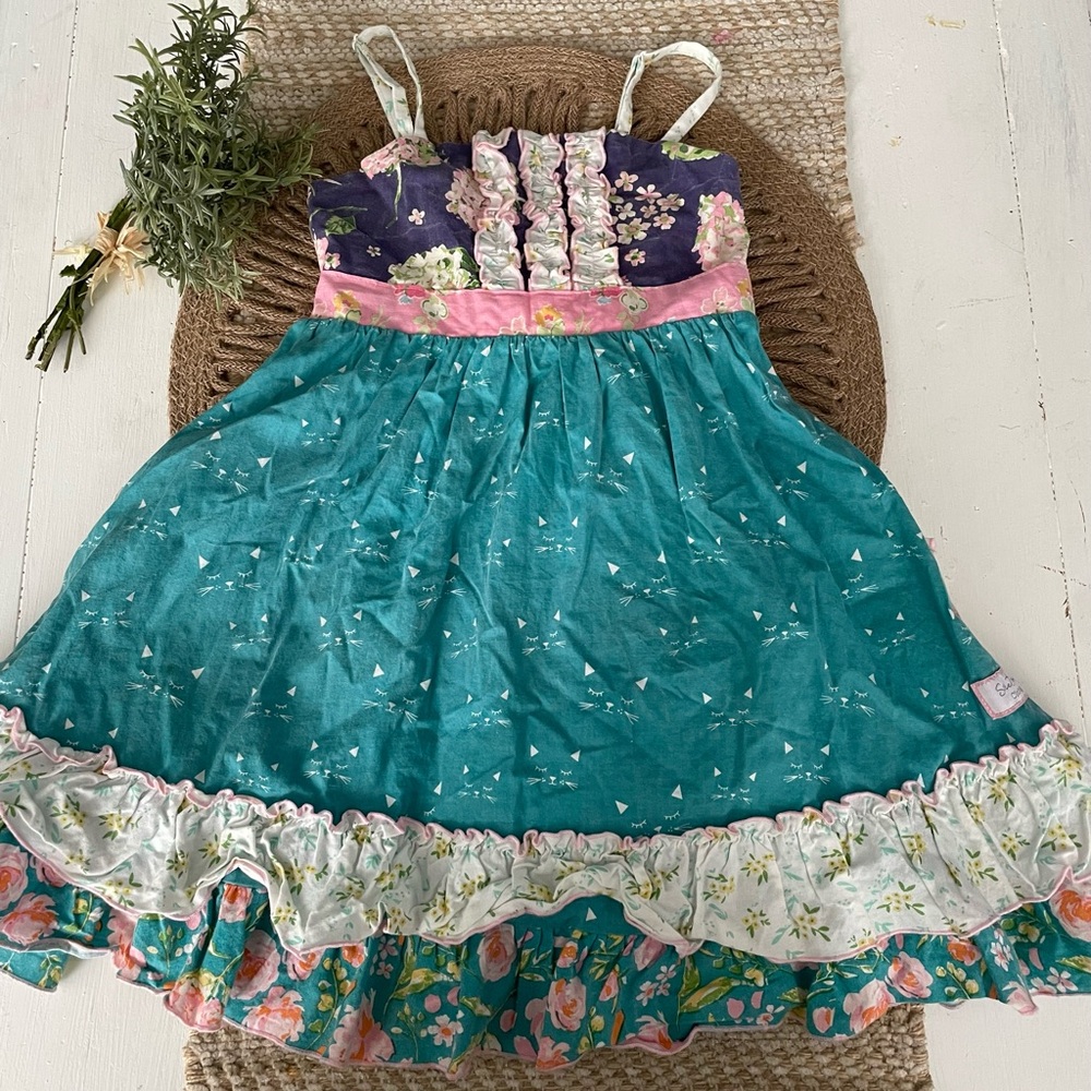 SweetHoney Teal and Pink Floral cat Kids Dress Sz 5